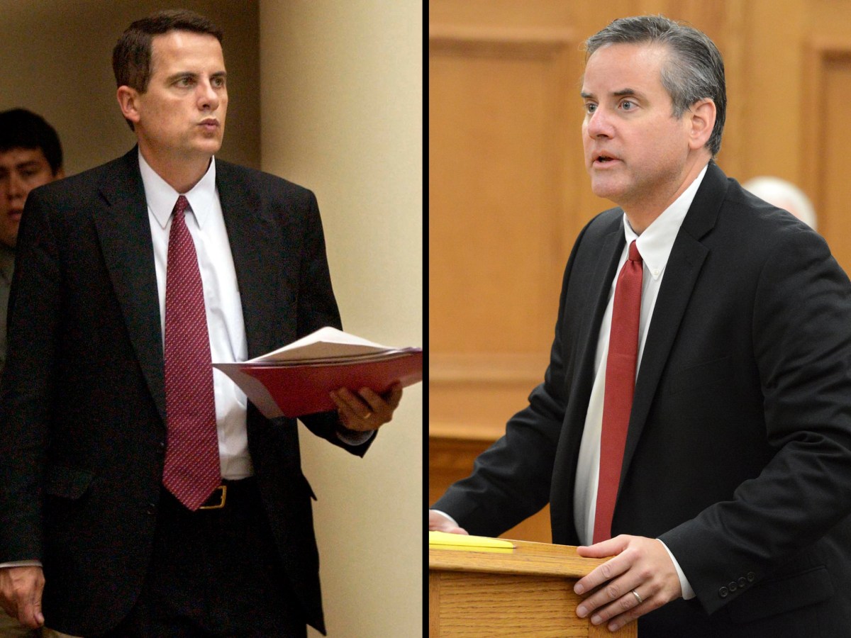 Left: Winnebago County District Attorney Joe Paulus appears in a Winnebago County court Aug. 30, 2002. Right: Special prosecutor Vince Biskupic gives opening statements in a 2013 trial in Oconto County Circuit Court