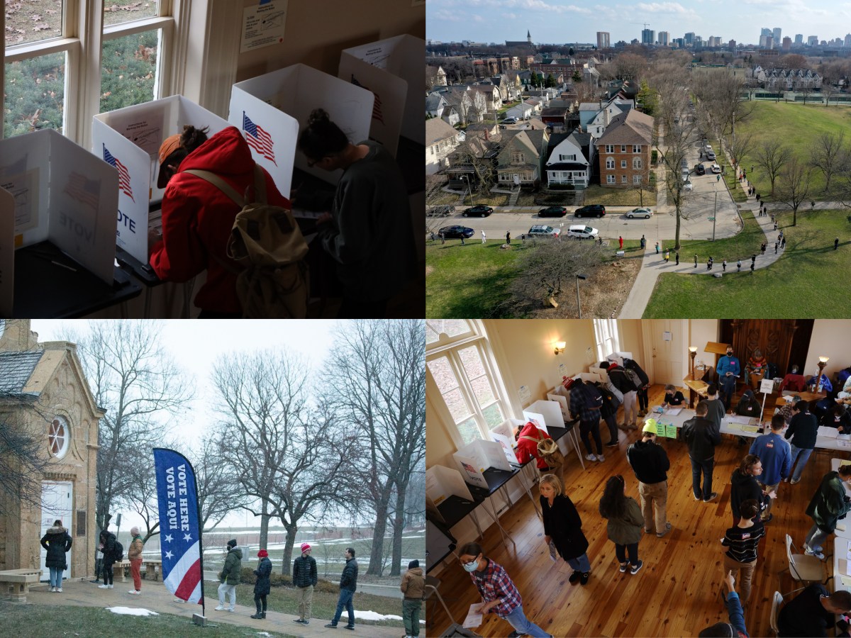 Collage of four photos shows scenes of people voting.