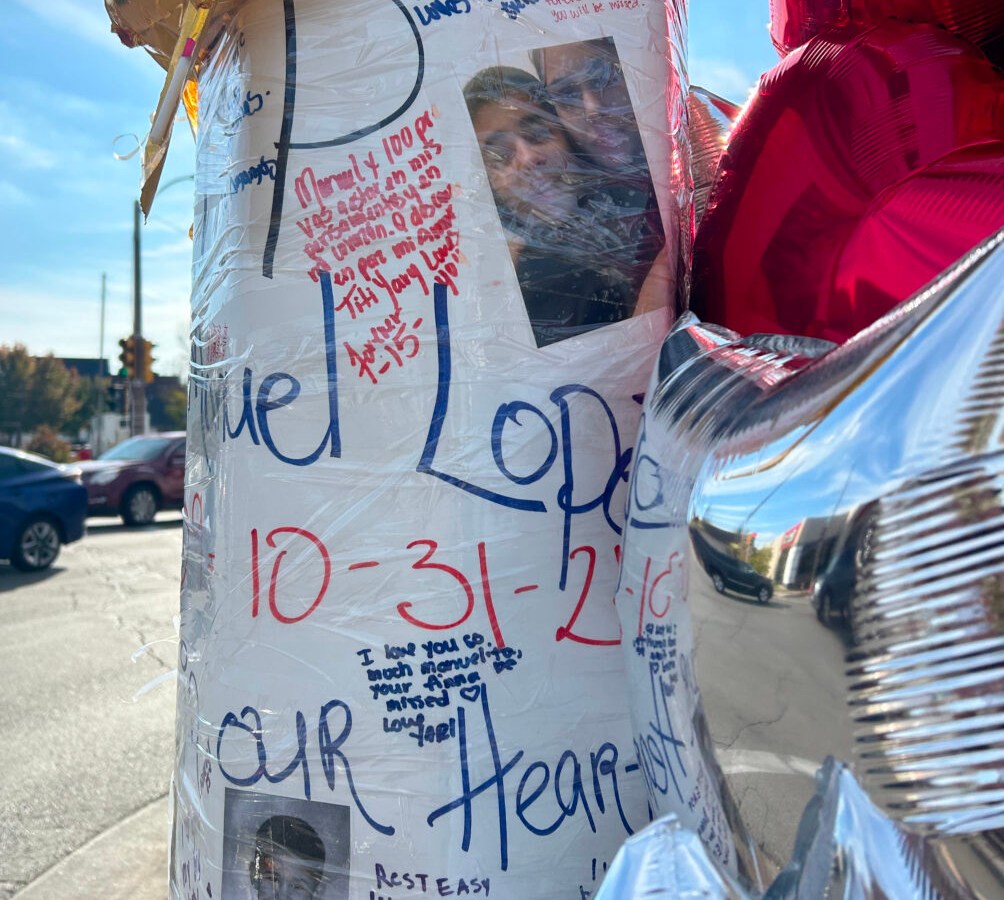 Photos and words displayed next to balloons