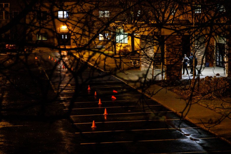 Parking lot with orange cones